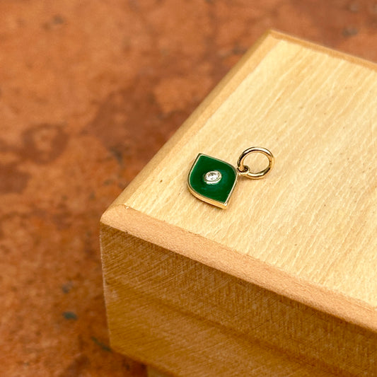 14KT Yellow Gold Green Enamel Diamond Evil Eye Pendant Charm