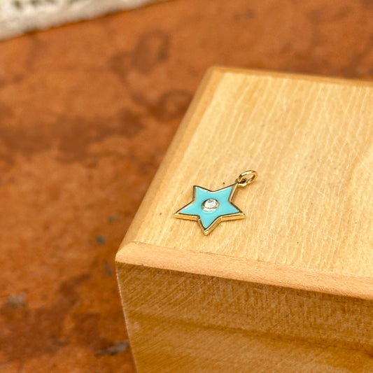 14KT Yellow Gold Turquoise Enamel Diamond Star Pendant Charm