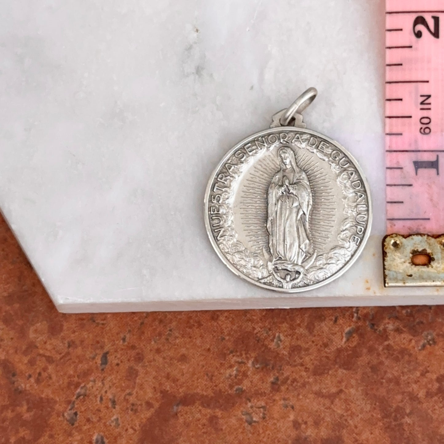 Sterling Silver Our Lady of Guadalupe Matte Medal Pendant 30mm