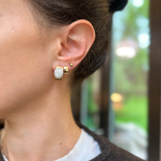 Estate 14KT Yellow Gold Bark Matte Finish + Pave Diamonds Half Hoop Earrings