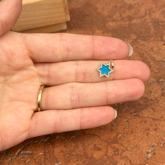 14KT Yellow Gold Blue Turquoise + Pave Diamond Star of David Pendant Charm