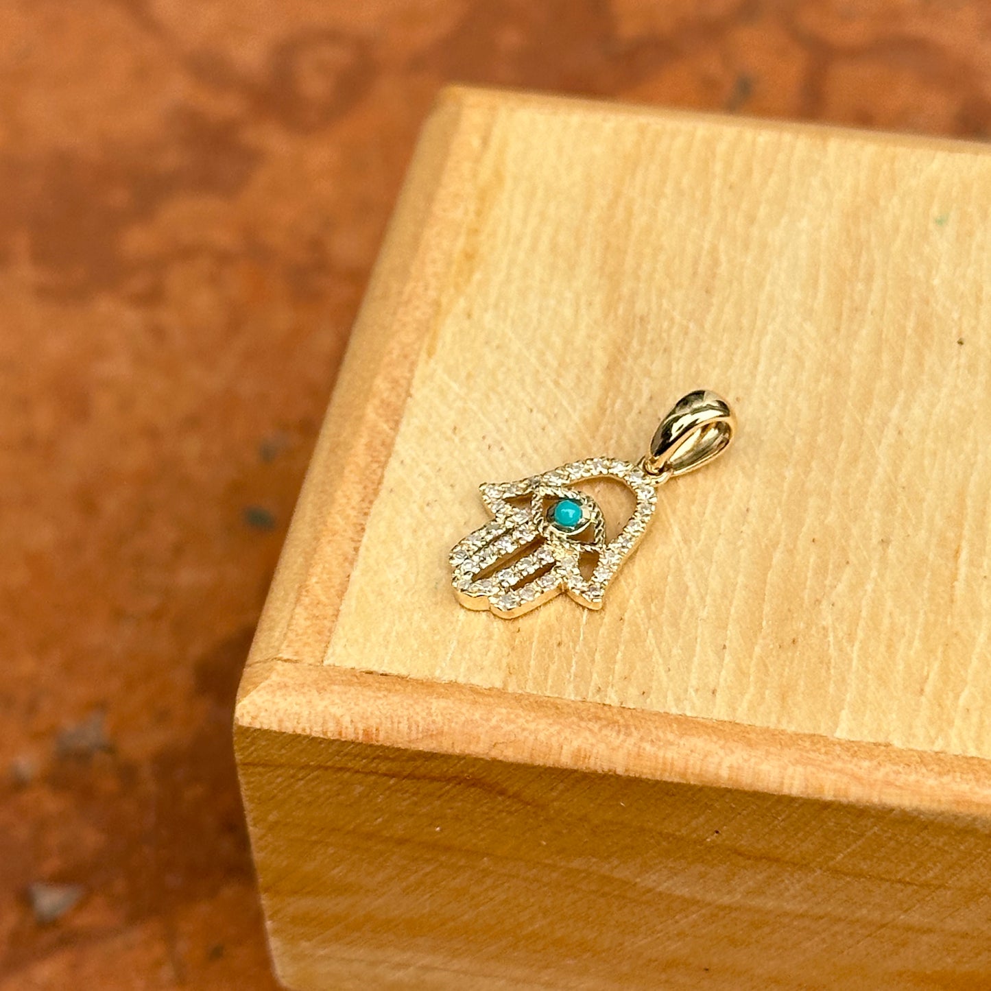 14KT Yellow Gold Blue Turquoise + Pave Diamond Evil Eye Hamsa Pendant Charm