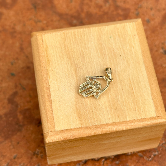 14KT Yellow Gold Blue Turquoise + Pave Diamond Evil Eye Hamsa Pendant Charm