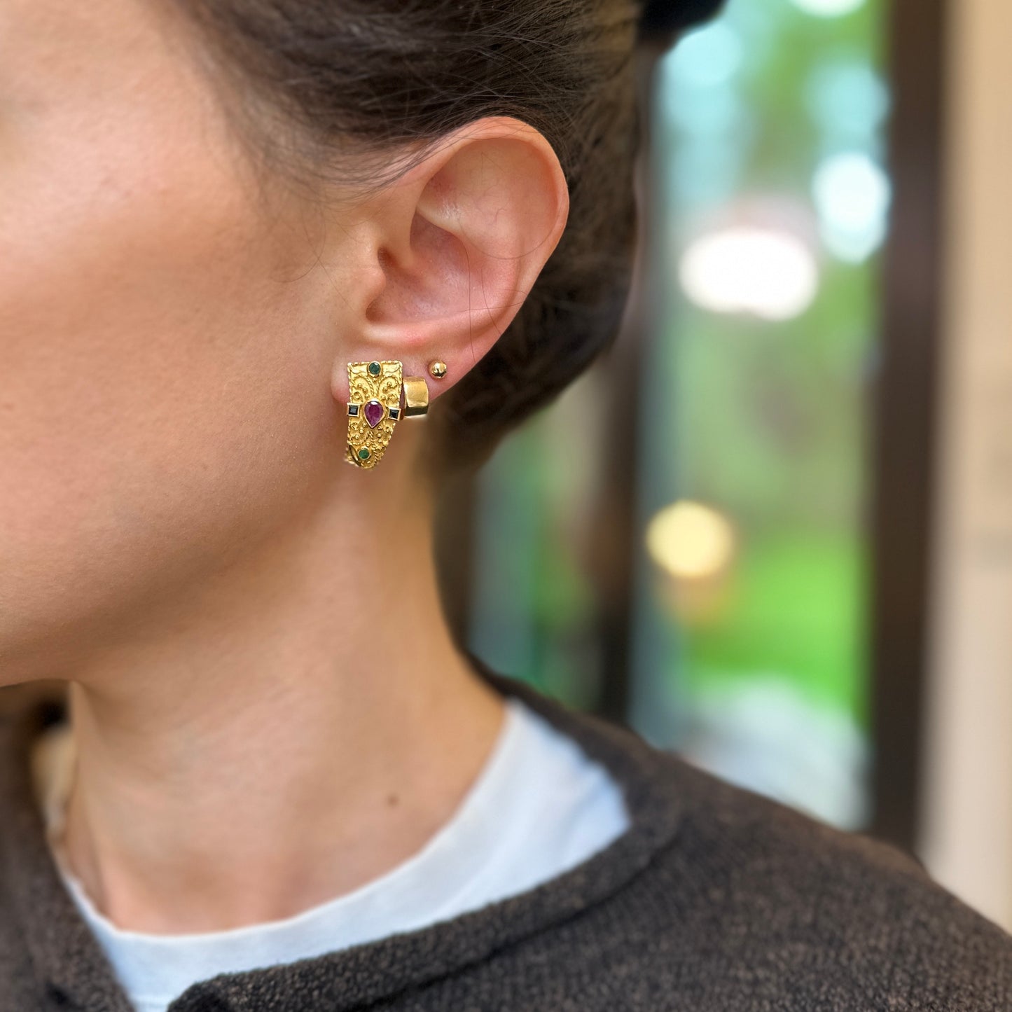 Estate 18KT Yellow Gold Byzantine Bezel Blue Sapphire Ruby Emerald Earrings