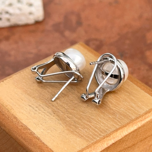 Sterling Silver Round White Freshwater Pearl Button Omega Earrings