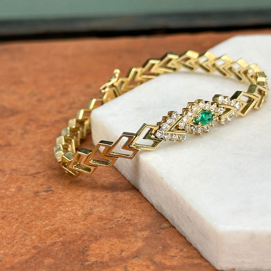 Estate 18KT Yellow Gold Marquise Emerald + Round Diamond Open Chevron Link Bracelet