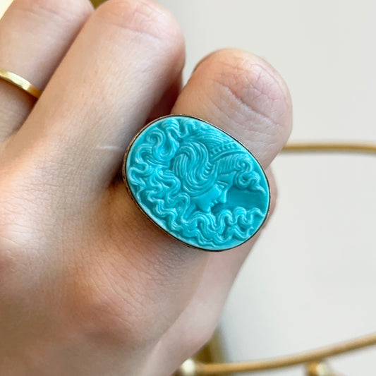 Estate 14KT Yellow Gold Black Marble + Carved Turquoise Dome Band Ring