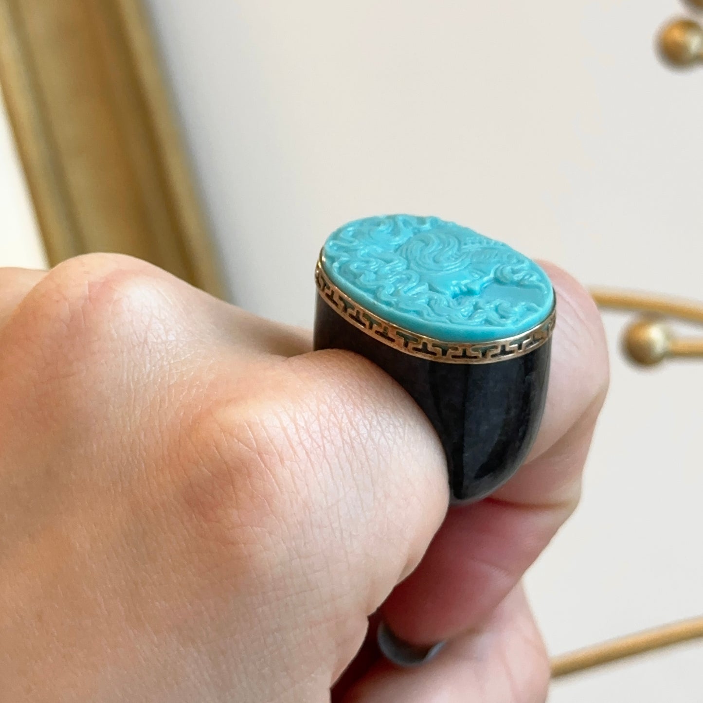 Estate 14KT Yellow Gold Black Marble + Carved Turquoise Dome Band Ring