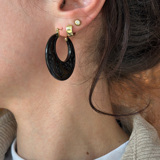 Estate 14KT Yellow Gold Carved Black Onyx Round Hoop Earrings