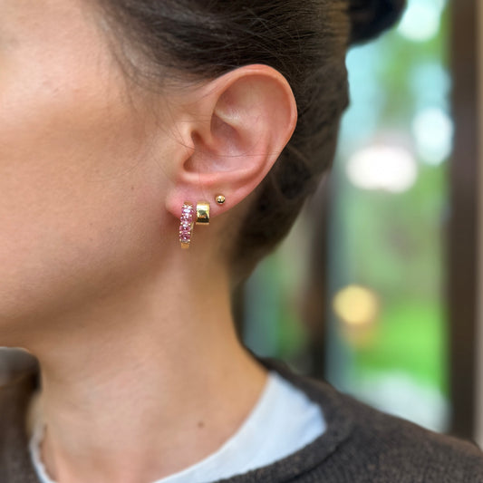 Estate 14KT Yellow Gold Pink Sapphire and Diamond Huggie Hoop Earrings