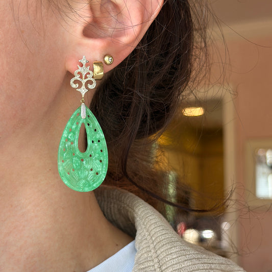 Estate 14KT Yellow Gold Carved Jade + Diamond Dangle Drop Earrings