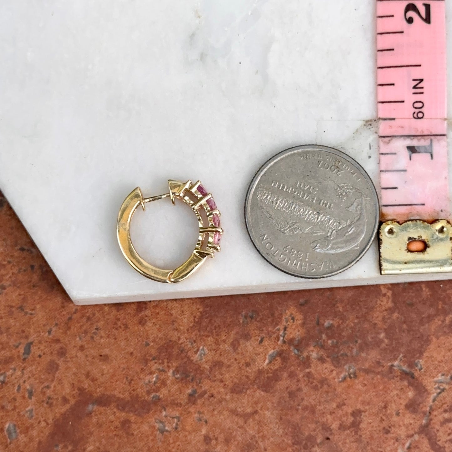 Estate 14KT Yellow Gold Pink Sapphire and Diamond Huggie Hoop Earrings