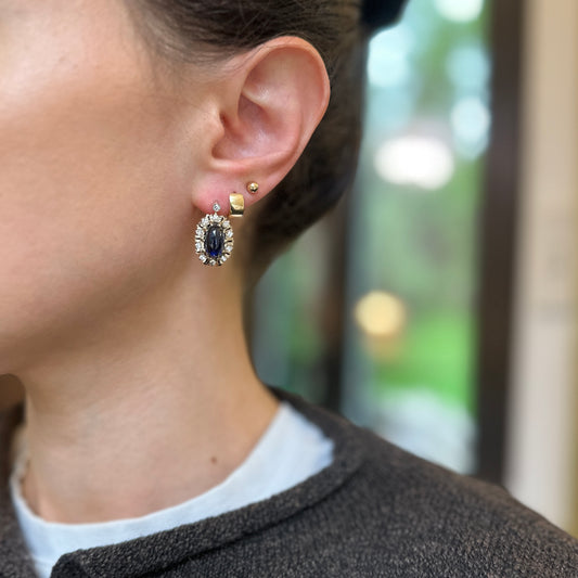 Antique 14KT Yellow Gold Halo Diamonds + Oval Cabochon Blue Sapphire Earrings