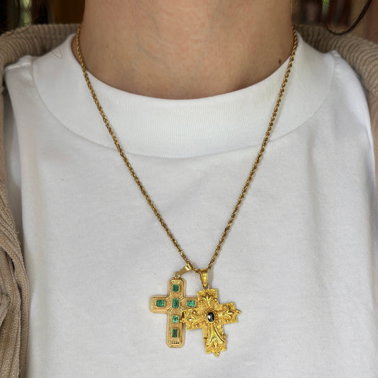 Estate 14KT Yellow Gold Byzantine Blue Sapphire Cross Pendant