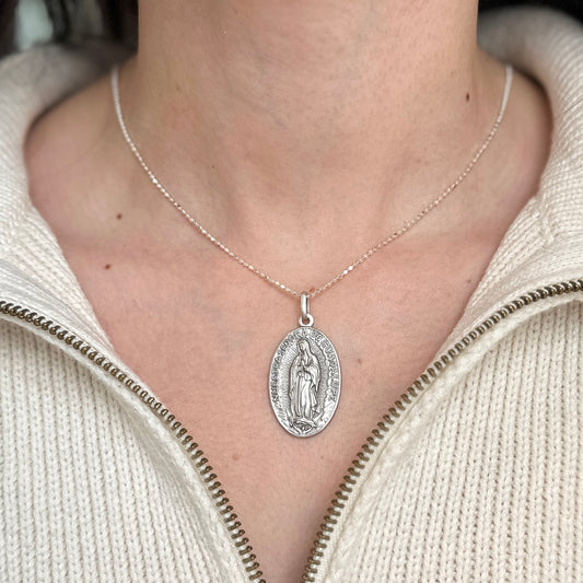 Sterling Silver Our Lady of Guadalupe Matte Oval Medal Pendant 33mm