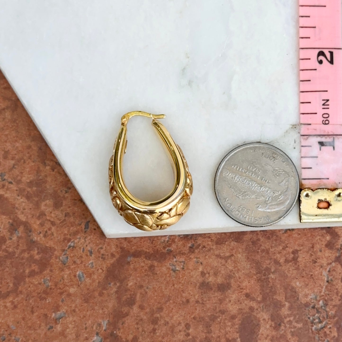 Vintage 14KT Yellow Gold Hoop Earrings Matte and Shiny Hollow Floral Design