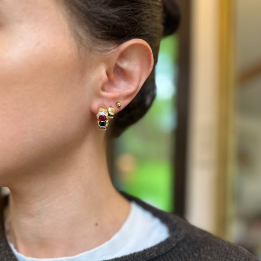 Estate 14KT Yellow Gold Bezel Blue Sapphire Ruby and Diamond Huggie Earrings