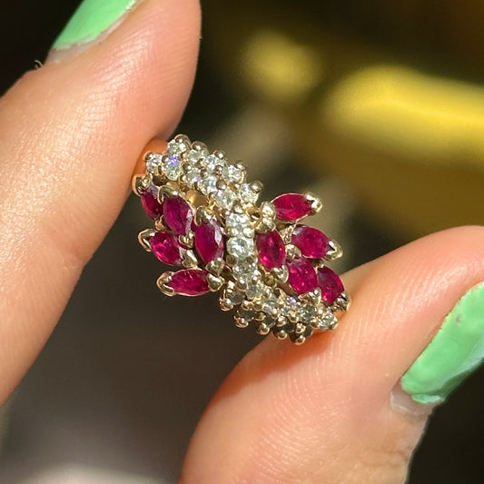 Esare 14KT Yellow Gold Marquise Red Ruby + Diamond Ring