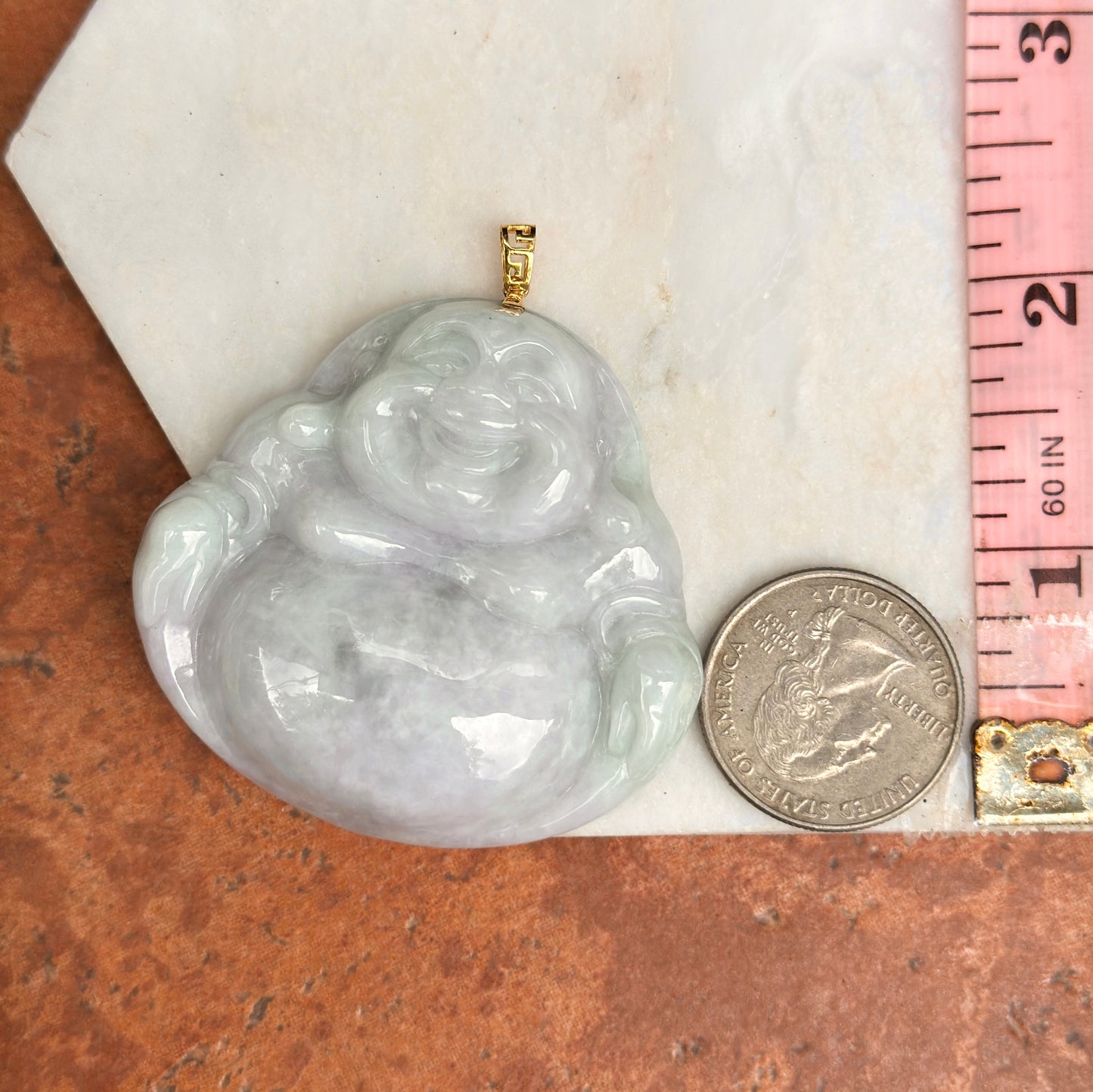 Estate 18KT Yellow Gold Light Jade Buddha Greek Key Pendant