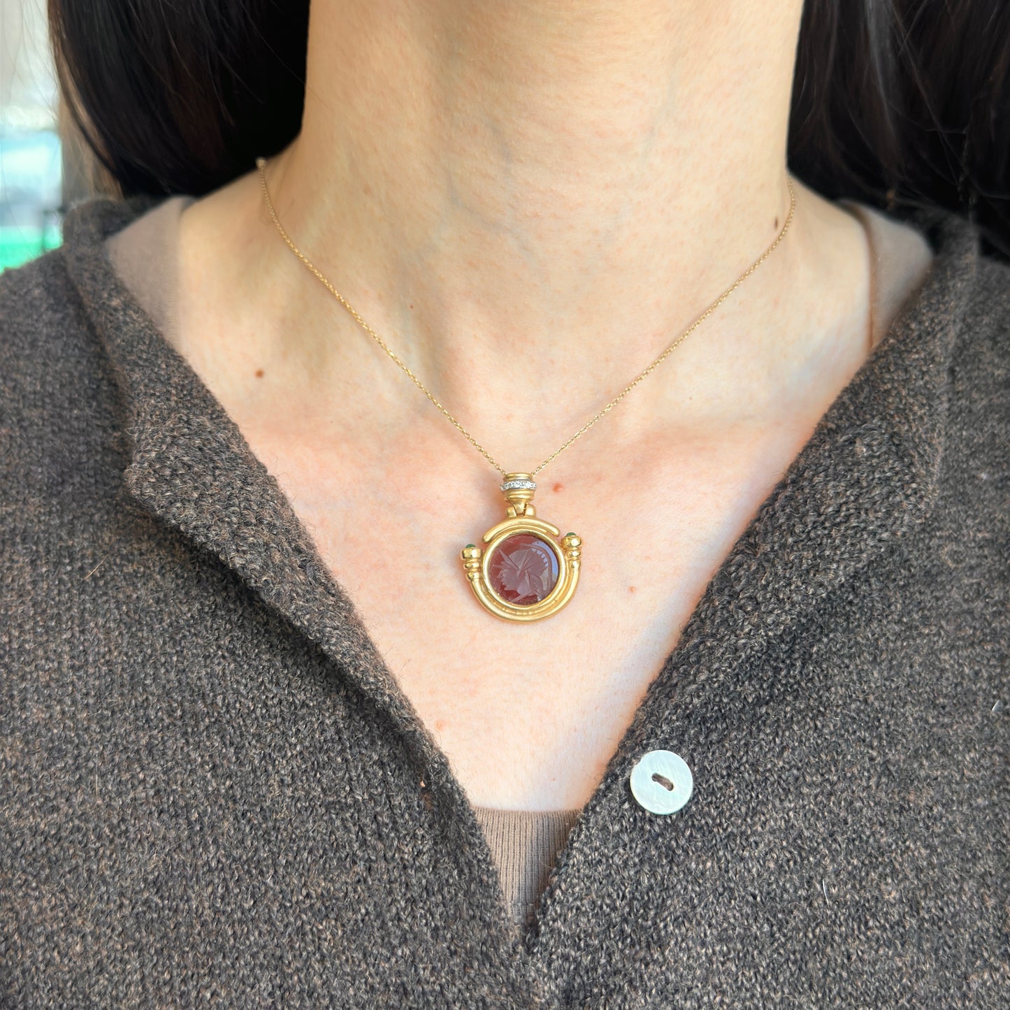 Estate 14KT Yellow Gold Intaglio Carnelian + Diamond Pendant 050