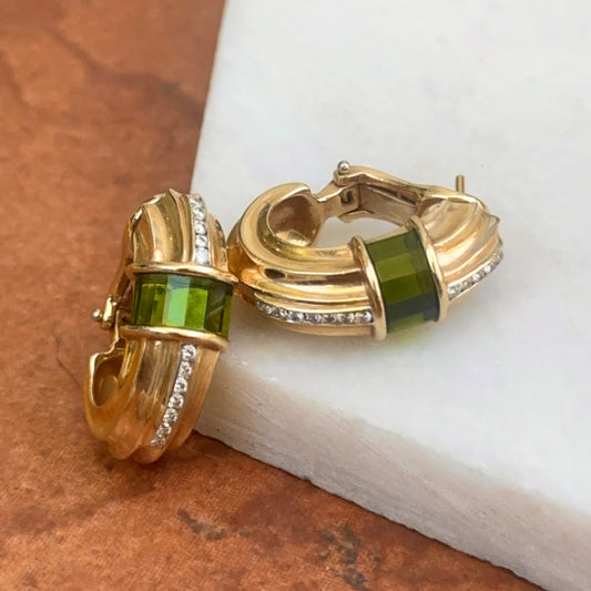 Estate 14KT Yellow Gold Baguette Green Tourmaline + Diamond Channel Set Hoop Earrings