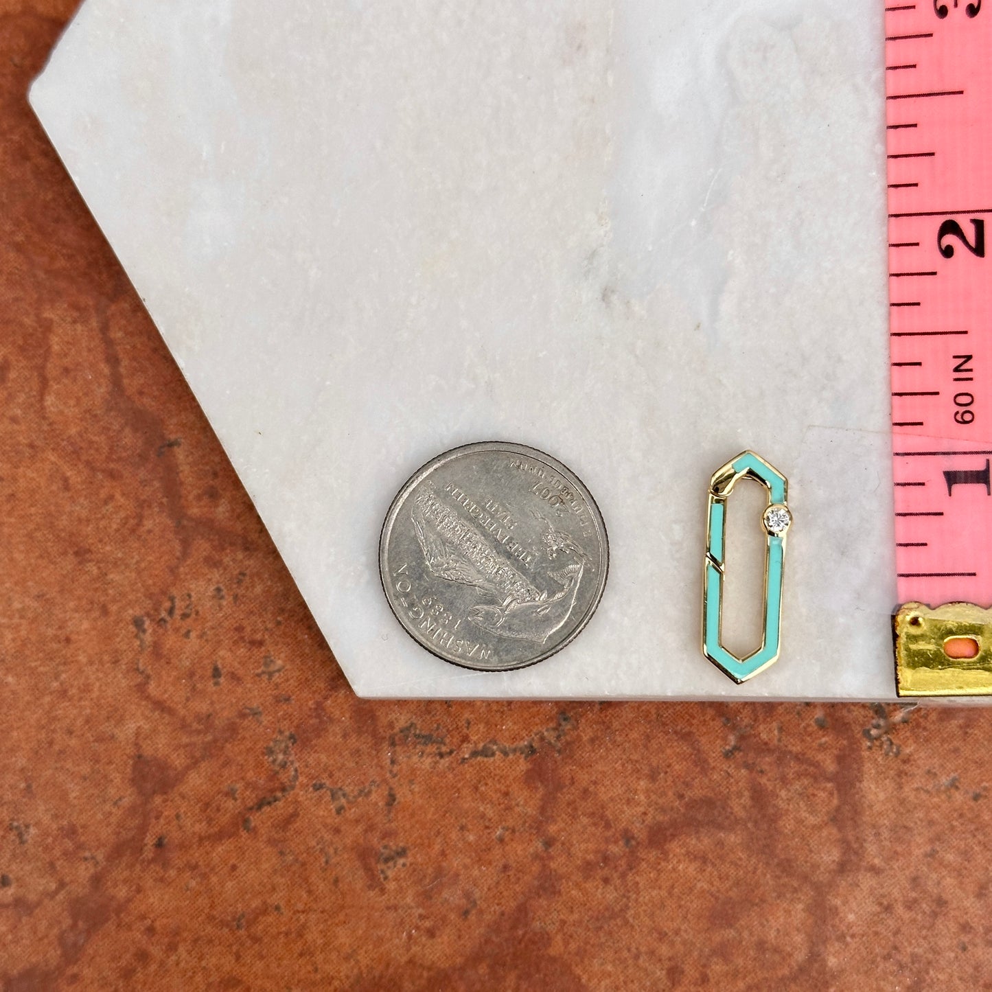 14KT Yellow Gold Turquoise Enamel + Bezel Diamond Push In Charm Clasp Connector - LSJ