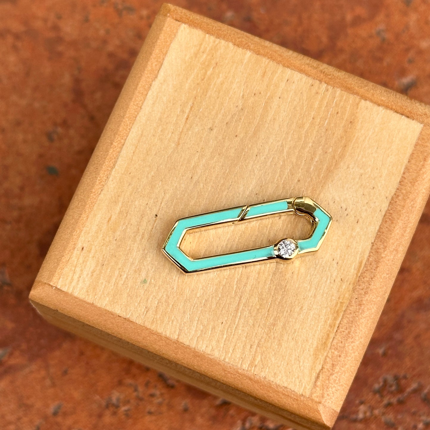 14KT Yellow Gold Turquoise Enamel + Bezel Diamond Push In Charm Clasp Connector