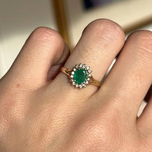 Estate 14KT Yellow Gold Oval Emerald + Diamond Double Halo Ring