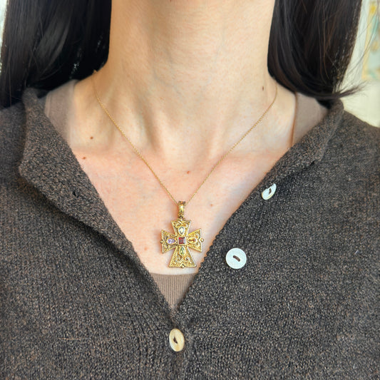 Estate Gold-Plated Sterling Silver Byzantine Gemstone Cross Pendant