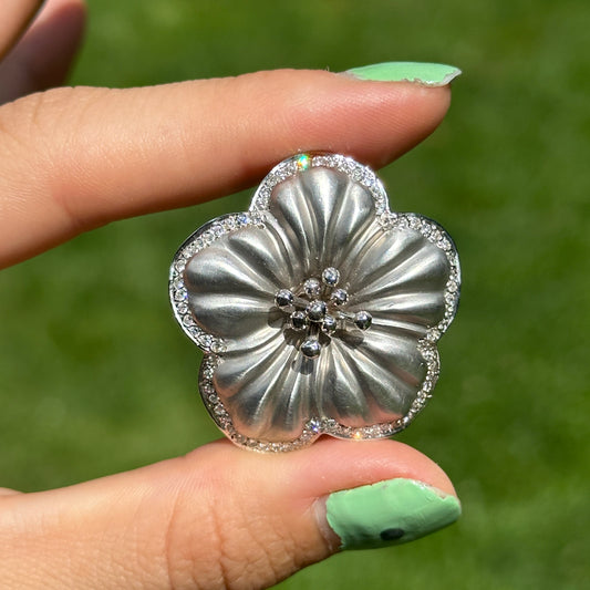 Estate 14KT White Gold Pave Diamond Flower Satin Finish Pin