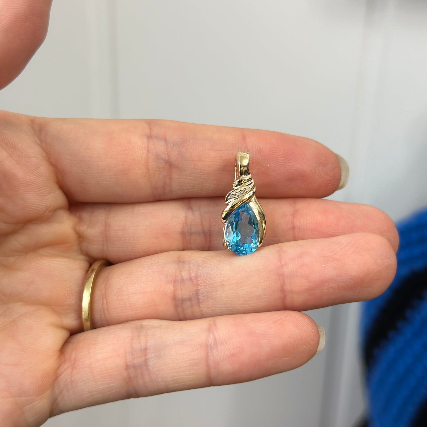 14KT Yellow Gold Teardrop Blue Topaz + Diamond Pendant Enhancer