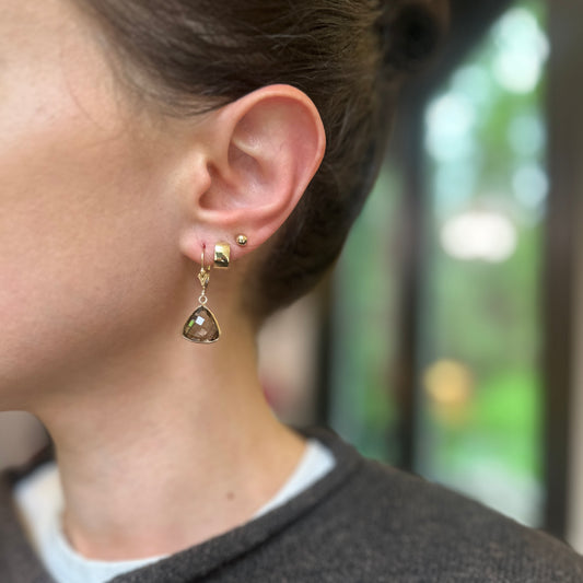 Estate 14KT Yellow Gold Checkerboard Trillion Smokey Quartz Dangle Earrings