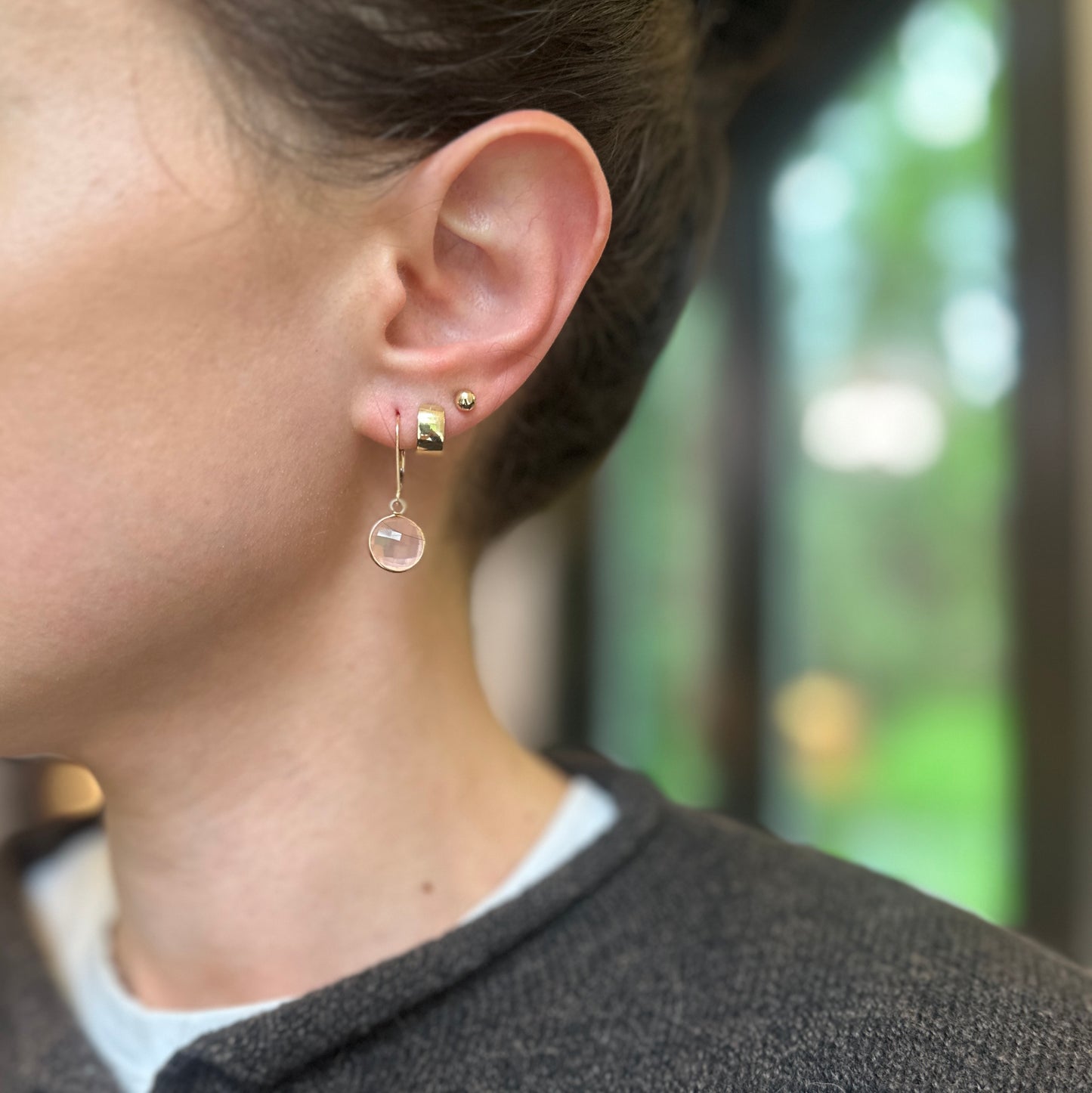 Estate 14KT Yellow Gold Checkerboard Round Pink Rose Quartz Dangle Earrings