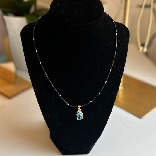 14KT Yellow Gold Teardrop Blue Topaz + Diamond Pendant Enhancer