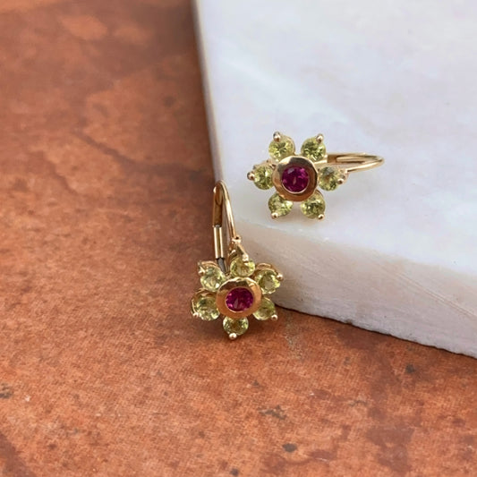 Estate 14KT Yellow Gold Floral Peridot + Garnet Drop Earrings Tiny - LSJ