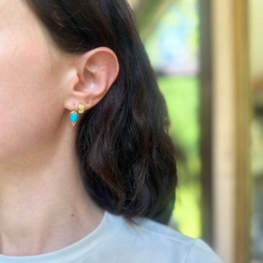 14KT Yellow Gold Cabochon Oval Turquoise Frame Lever Back Earrings