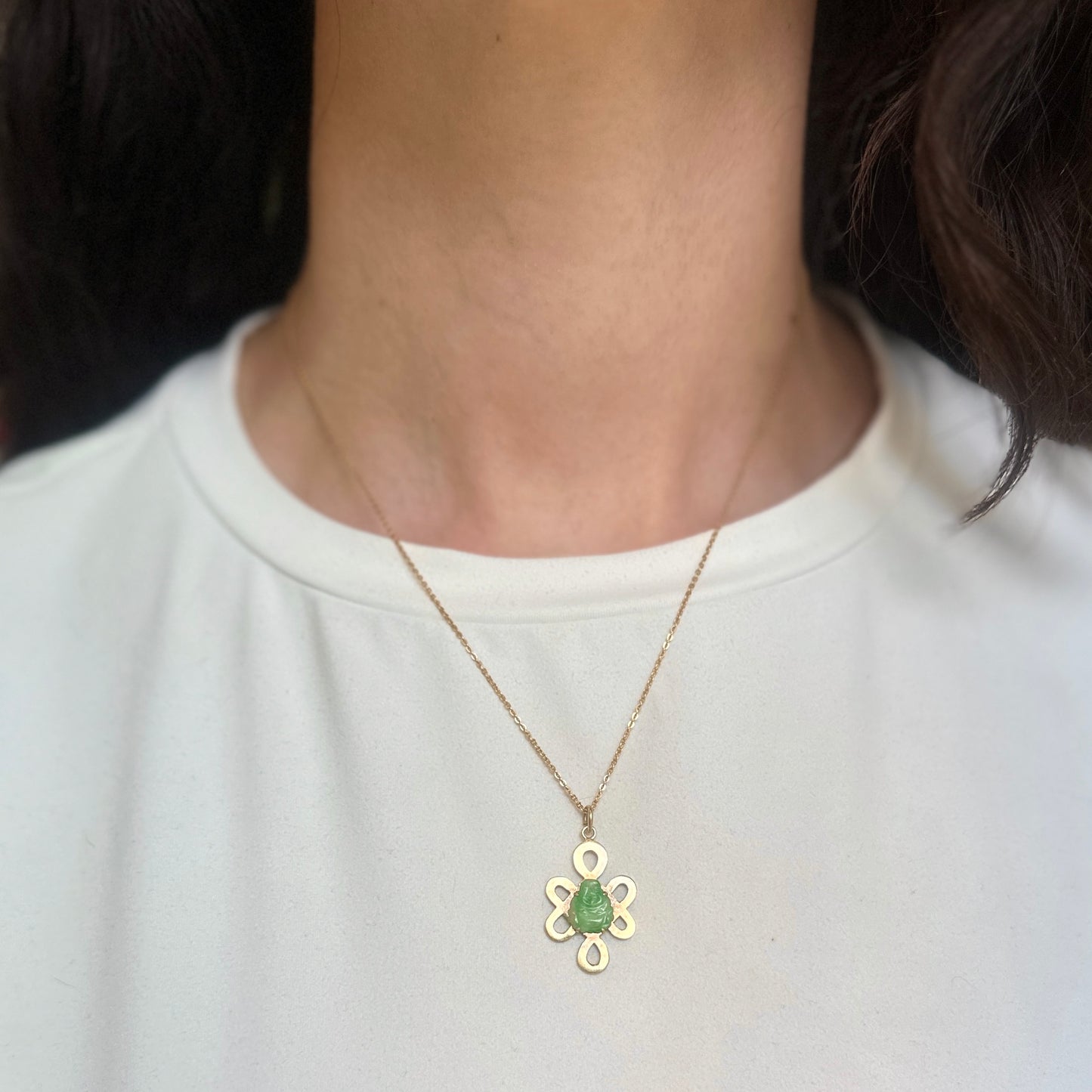 Estate 14KT Yellow Gold Ornate Carved Green Jade Buddha Pendant