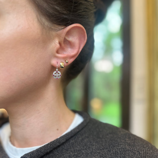 Estate 14KT White Gold Rubies + Diamond Fleur de Lis Filigree Dangle Earrings