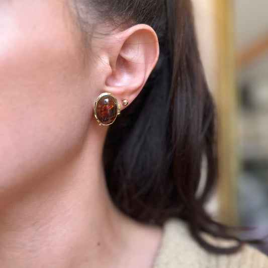 Estate 14KT Yellow Gold Oval Bezel Amber Omega Earrings