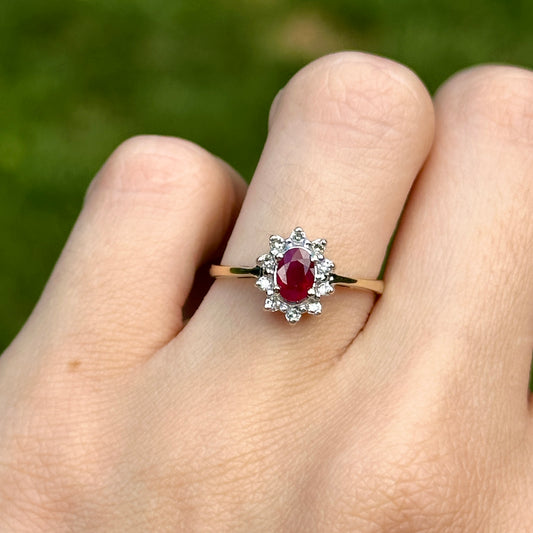 Estate 10KT Yellow + White Gold Oval Ruby + Diamond Halo Ring