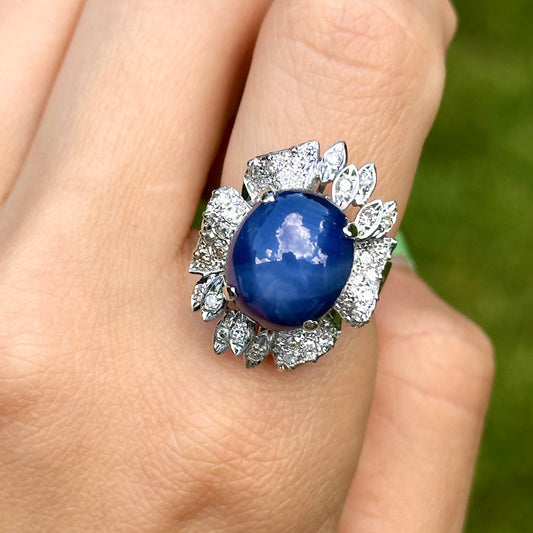 Estate 14KT White Gold Oval Blue Star Sapphire + Diamond Ring