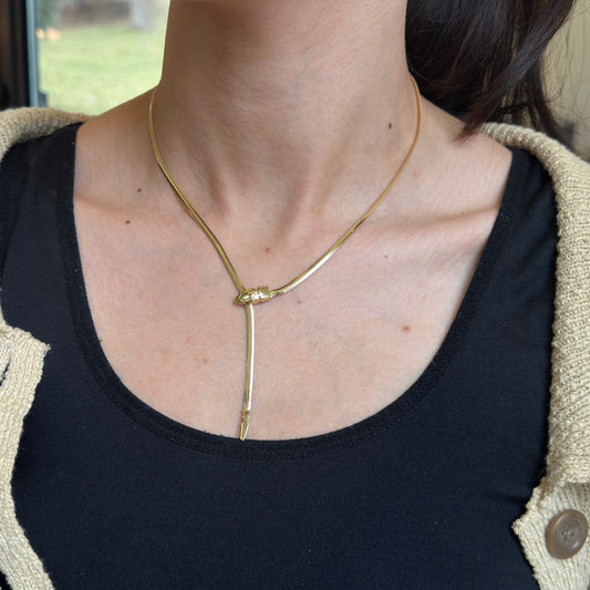 14KT Yellow Gold Serpent Head Clasp Lariat Chain Necklace