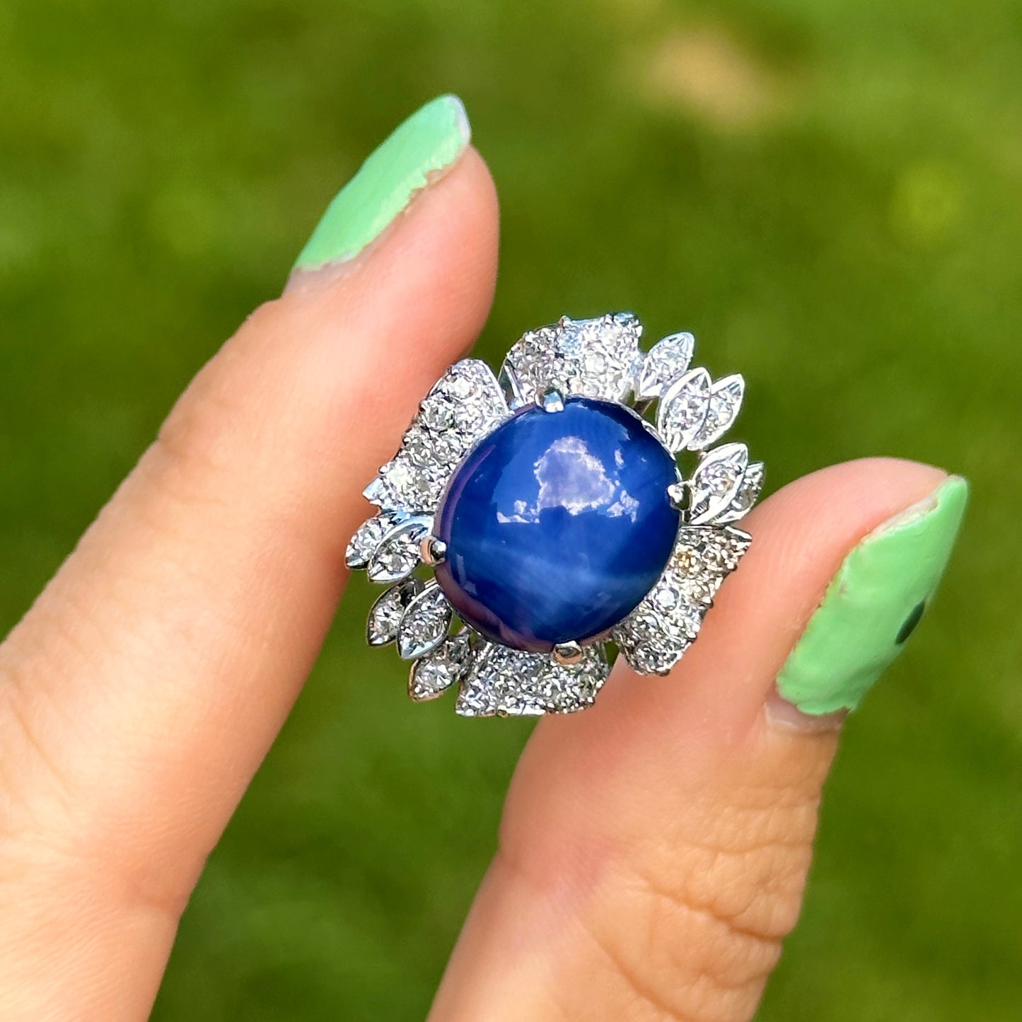 Estate 14KT White Gold Oval Blue Star Sapphire + Diamond Ring