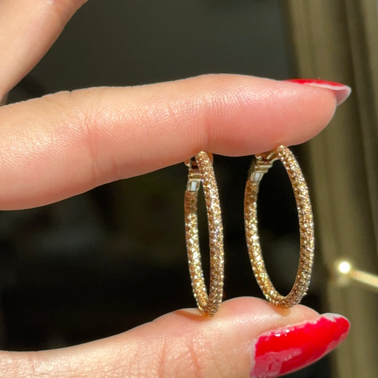 Estate 18KT Yellow Gold Pave Yellow Sapphire Inside Out Hoop Earrings