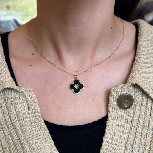 14KT Yellow Gold Black Onyx 4 Leaf Clover Pendant Charm