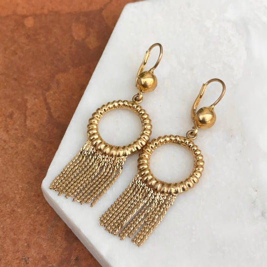 Estate 18KT Corett Designer Yellow Gold Shiny Textured Circle Tassel Dangle Earrings
