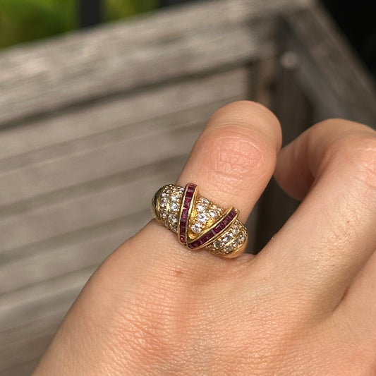 Estate 18KT Yellow Gold Channel-Set Princess-Cut Ruby + Pave Diamond Ring
