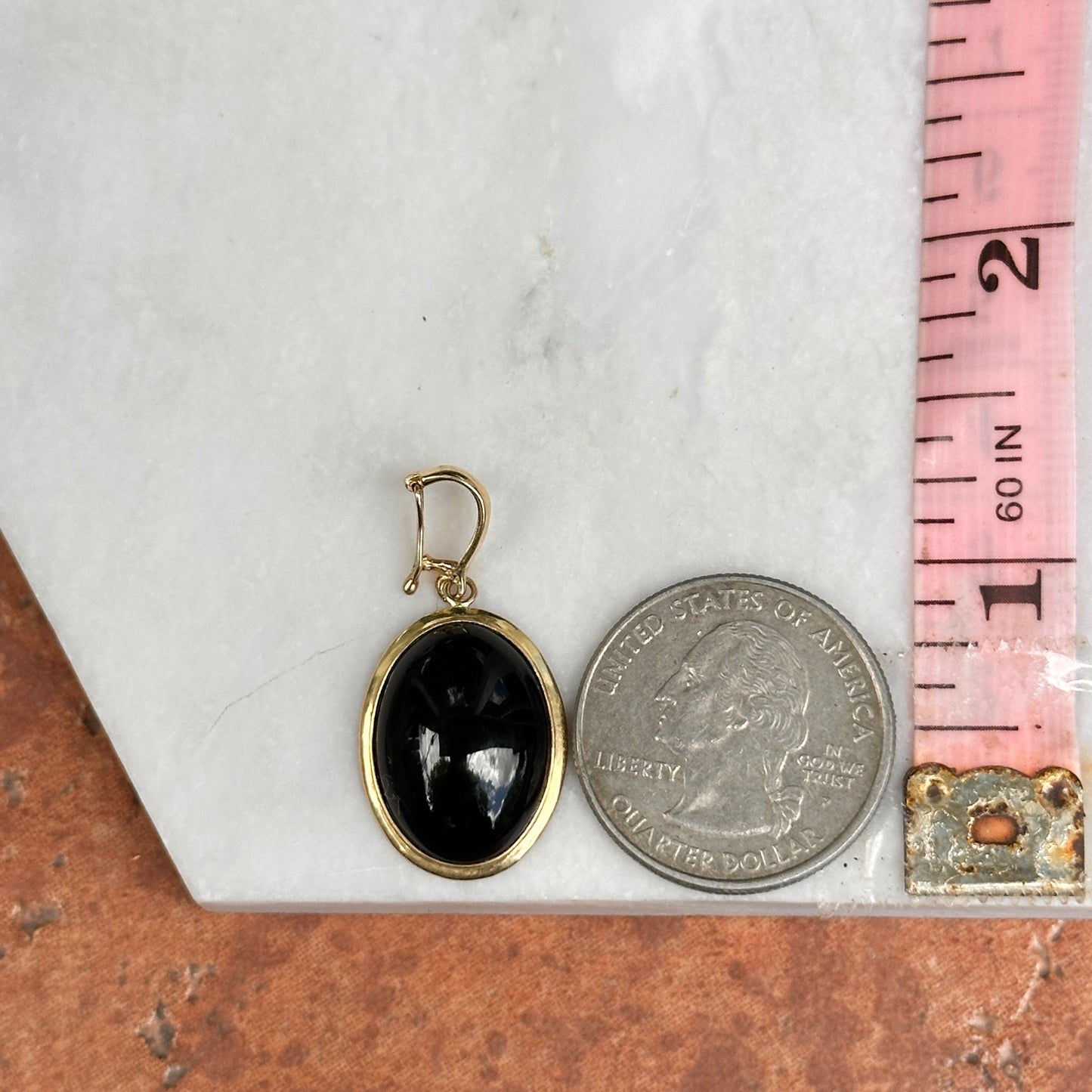 Estate 14KT Yellow Gold Oval Onyx Bezel Pendant Enhancer 32mm