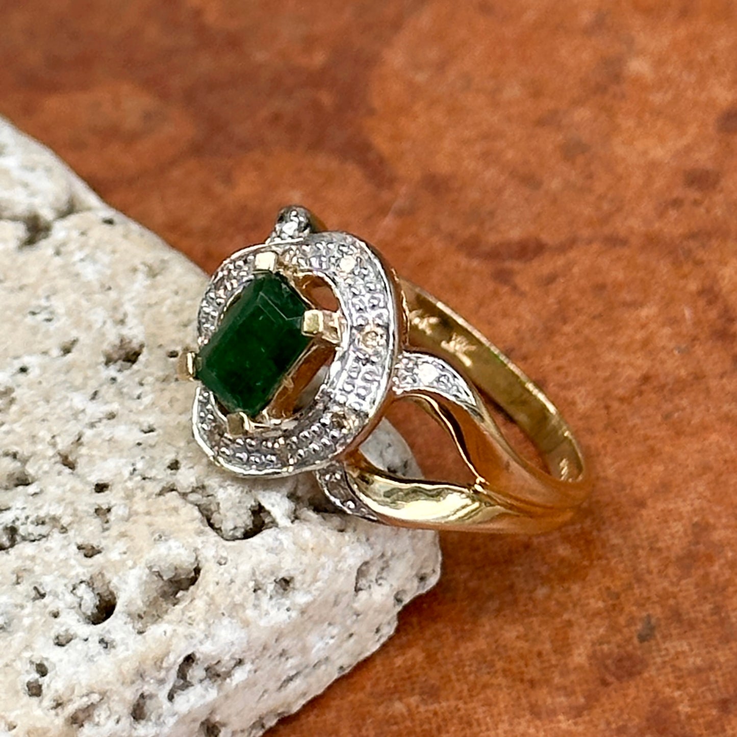 Estate 14KT Yellow Gold .55 CT Emerald-Cut Emerald + Diamond Ring