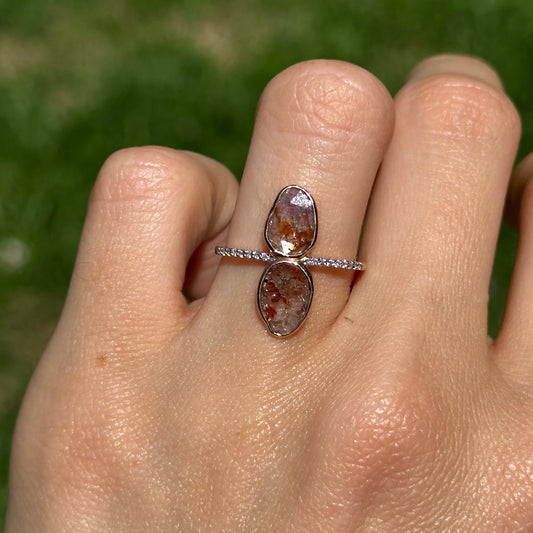 14KT Rose Gold Bezel Oval Geometric Gray Diamond Slice with Small White Diamonds Band Ring